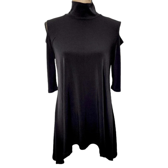 Clara Sun Woo Womens Cold Shoulder Mock Turtle Neck Stretch Blouse Size XS Black - Picture 1 of 11